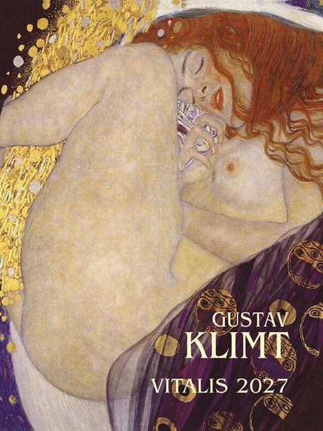 Text: "GUSTAV KLIMT", "VITALIS 2027". Eine Frau mit roten Haaren in entspannter Pose, umgeben von goldenen und lila Elementen.