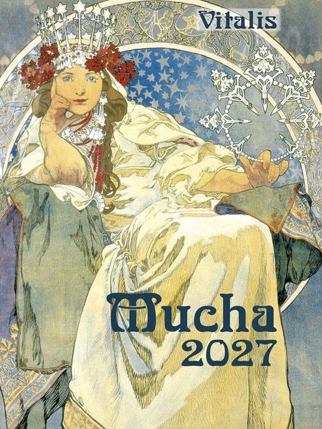 Text: "Vitalis", "Mucha 2027". Illustration einer Frau in einem kunstvollen, floralen Stil mit Krone und Blumenschmuck.