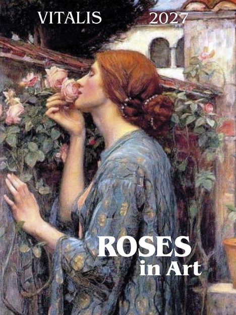 Text: "VITALIS 2027", "ROSES in Art". Illustration zeigt eine Frau, die Rosen riecht, in blauer Kleidung.