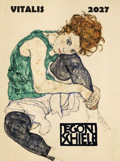 VITALIS 2027, Egon Schiele. Illustration einer sitzenden Person mit rotem Haar, grünem Top und schwarzer Hose.