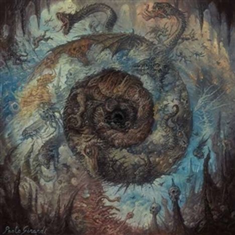 Paolo Girardi. Spiral aus Drachen und Fantasiewesen in düsteren Farben, chaotische Komposition.