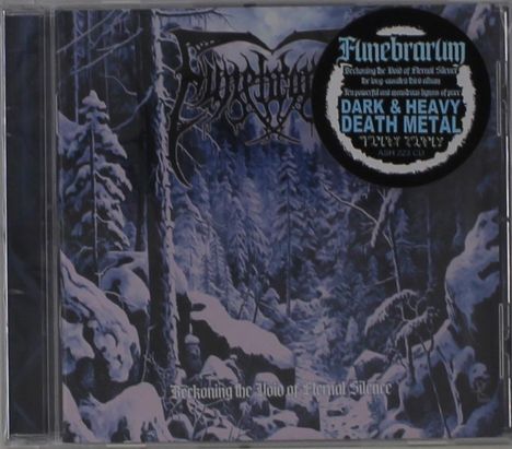 "Dark & Heavy Death Metal", "Funebrarum", "Reckoning the Void of Eternal Silence". Winterliche Waldszene mit Schnee.