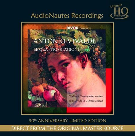 Aufschrift: "Antonio Vivaldi, Le Quattro Stagioni, 30th Anniversary Edition." Logo: Ultimate HQ HighQualityCD.