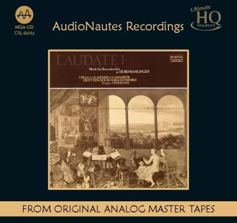 AudioNautes Recordings, LAUDATE! Musik für Stimmenakademien. Illustration von musizierenden Personen in historischem Raum.
