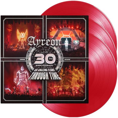 „Ayreon 30th Anniversary: An Amazing Flight Through Time 1995–2025.“ Zwei rote Vinyl-Schallplatten visuell dargestellt.