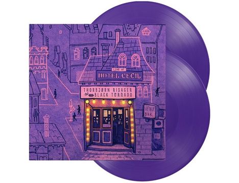 "Live at Hotel Cecil", "Thorbjørn Risager & The Black Tornado", Illustration von Gebäude mit leuchtendem Eingang, lila Vinyl.