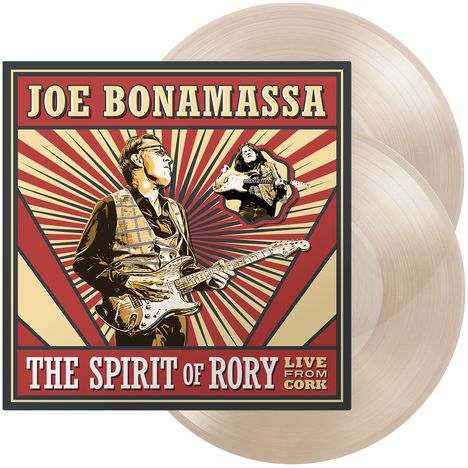 "JOE BONAMASSA: THE SPIRIT OF RORY LIVE FROM CORK" Illustration mit Gitarristen im Retro-Stil und Vinyl-Schallplatten.