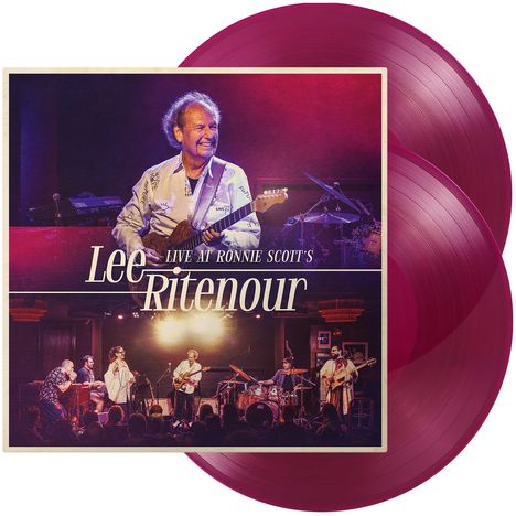 "Live at Ronnie Scott's - Lee Ritenour." Oben ein Gitarrist, unten eine Band auf der Bühne. Zwei rote Vinyl-Schallplatten.