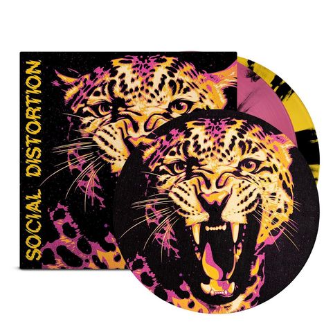Text: "SOCIAL DISTORTION". Illustration eines fauchenden Leopardenkopfes in Gelb und Pink auf schwarzem Hintergrund.