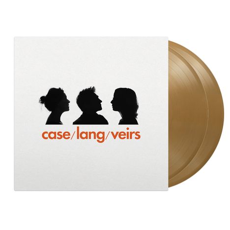 case/lang/veirs in orange, drei schwarze Silhouetten von Gesichtern im Profil darüber. Golden schimmernde Schallplatten.