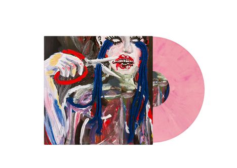 Illustration: Eine stilisierte Person mit blauem Haar malt mit rotem Pinsel auf rosa Hintergrund. Es ist eine Schallplatte.
