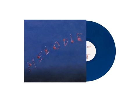 Der Text „MELODIE“ aus roten Linien. Dunkelblaues Cover und blaue Vinyl-Schallplatte.
