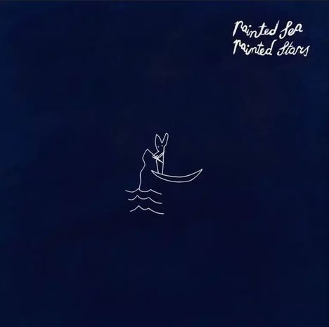 "Painted Sea, Painted Stars" oben rechts. Eine minimalistische Illustration eines Tieres in einem Boot auf Wellen.