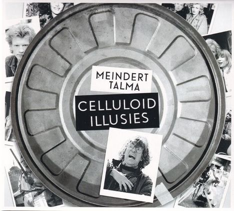 "Meindert Talma Celluloid Illusies" auf einer Filmrolle. Schwarz-Weiß-Fotos von Menschen sind im Hintergrund angeordnet.