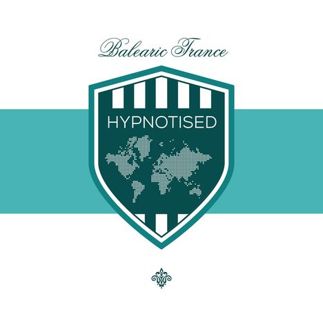 Der Text "Balearic Trance" und "HYPNOTISED" in einem Wappen mit Weltkarte. Elegantes Design in Grün- und Weißtönen.