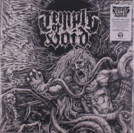 Logo "Temple of Void". Schwarz-weiße Illustration: Schlangen, Skelett, schreiende Person mit langem Haar, Knochen.