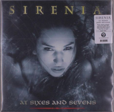 "SIRENIA" und "AT SIXES AND SEVENS" in großen Buchstaben. Nahaufnahme einer Frau mit intensivem Blick, schwarz-weiß gestaltet.