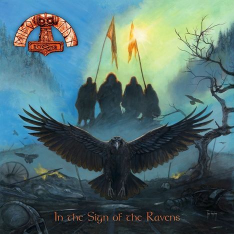 "In the Sign of the Ravens." Eine Illustration zeigt einen großen Raben, drei Krieger mit Fahnen, und eine düstere Landschaft.