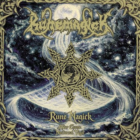 "Runemagick", "Rune Magick", "After Chaos: Nocturnal Vigil" in kunstvoller Schrift vor einem kosmischen Hintergrund.