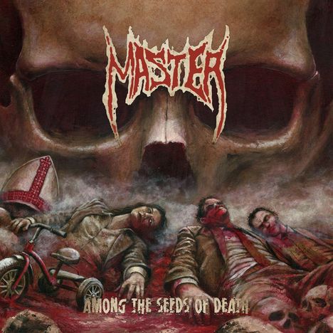 "MASTER, AMONG THE SEEDS OF DEATH". Dunkles Gemälde eines massiven Schädels und Menschen auf blutrotem Boden liegend.