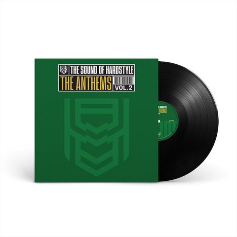 „THE SOUND OF HARDSTYLE“, „THE ANTHEMS VOL. 2“. Grünes Albumcover mit abstraktem Logo. Schwarze Vinyl-Schallplatte.