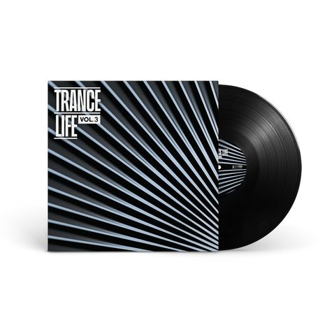 "TRANCE LIFE VOL. 3" - Illustration eines Schallplattencovers mit diagonalen, sich kreuzenden Linien in Schwarz und Blau.