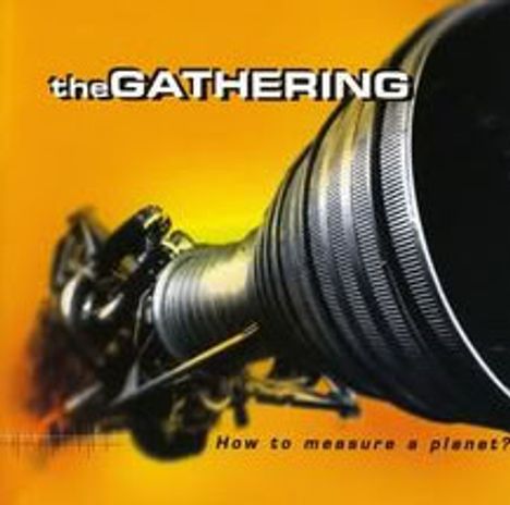 Texte: "theGATHERING", "How to measure a planet?". Illustration eines großen Teleskops vor orangefarbenem Hintergrund.