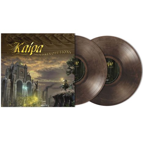 Der Text „Kaipa Mindrevolutions“ über einem futuristischen Gebäude und ein Reiter auf einem Felsen mit zwei Vinyl-Schallplatten.