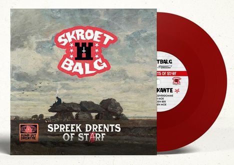 „SKROETBALG“, „SPREEK DRENTS OF STA’RF“. Logo: rote Schrift, schwarzer Hintergrund. Illustration: Landschaft mit Steinformation.