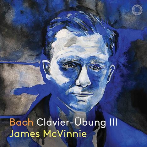 Text: "Bach Clavier-Übung III James McVinnie". 

Illustration eines Mannes in Blautönen.