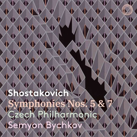 Text: Shostakovich, Symphonies Nos. 5 & 7, Czech Philharmonic, Semyon Bychkov. Geometrisches Muster in Grau- und Schwarztönen.