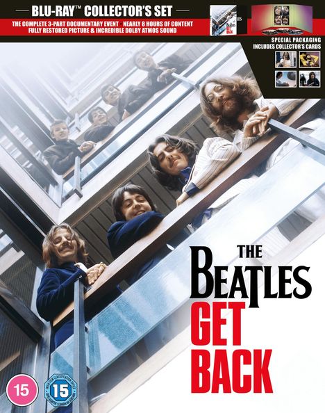 "BLU-RAY™ COLLECTOR'S SET" und "THE BEATLES GET BACK". Menschen schauen von Balkonen. Vintage-Stil.