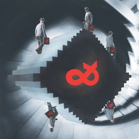 Illustration: Ein rotes Unendlichkeitslogo auf einer kubistischen Treppe, auf der Männer mit Koffern in Anzügen laufen.