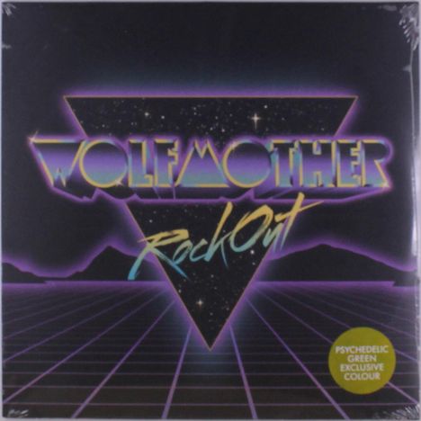 Text: "Wolfmother Rock Out" und "Psychedelic Green Exclusive Colour". 
Retro-Design mit lila-gesäumtem Dreieck und Rasterlinien.