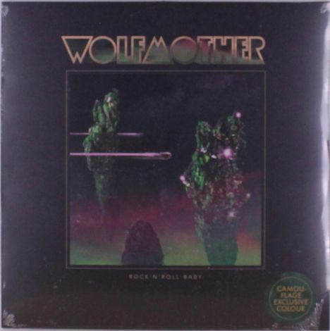 Text: "Wolfmother", "Rock 'N' Roll Baby". Illustration von schwebenden, leuchtenden Kristallen vor dunklem Hintergrund.