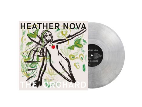 Schrift: "HEATHER NOVA", "THE ORCHARD". Illustration: Frau mit ausgestreckten Armen, umgeben von grünen und gelben Linien. Platte sichtbar.