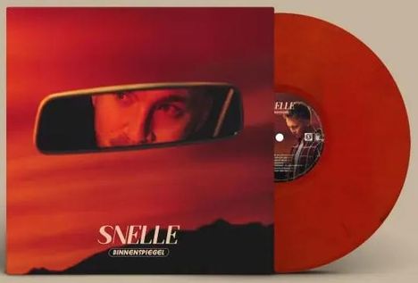 "SNELLE BINNENSPIEGEL", oranger Plattencover mit Rückspiegel, Gesicht im Spiegel, orangene Vinyl-Schallplatte, rechte Seite.