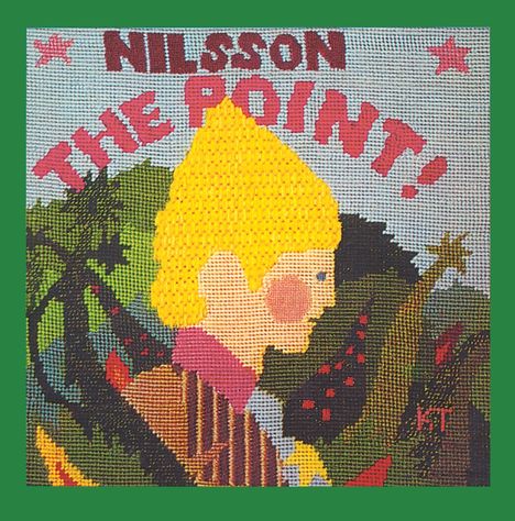 "Nilsson The Point!" in roter Schrift oben. Illustration eines gelben Profilkopfes vor bunter Waldlandschaft.