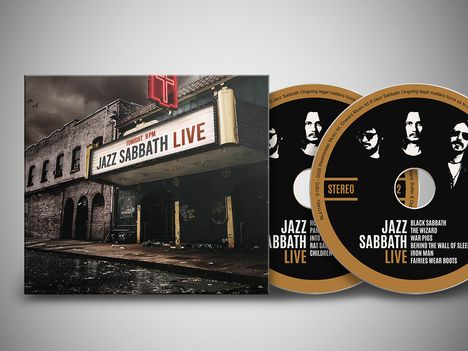 "Tonight 9PM JAZZ SABBATH LIVE" auf einem alten Theater mit markanten Leuchtzeichen; zwei CDs mit Bandfotos daneben.