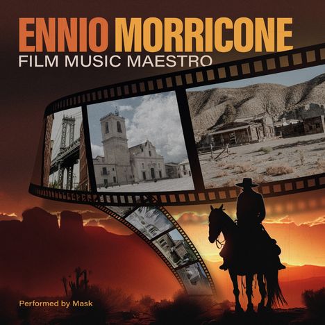 "ENNIO MORRICONE FILM MUSIC MAESTRO" - Silhouette eines Cowboys vor Sonnenuntergang, Filmstreifen mit Westernszenen.