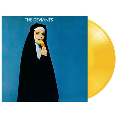 Der Text "THE DEVIANTS" erscheint oben. Darunter ein Bild einer Nonne, die ein Eis am Stiel isst. Eine gelbe Schallplatte liegt daneben.