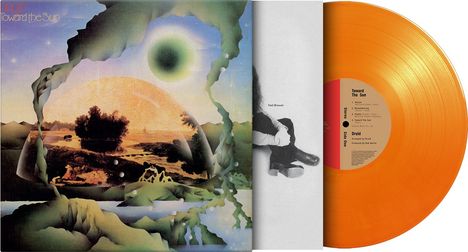 Text: "Druid Toward the Sun", "Neil Brewer". Orangefarbene Schallplatte. Surrealistische Landschaft mit Bäumen und Himmelskörpern.