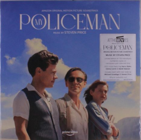 "My Policeman", Musik von Steven Price. Drei Personen, zwei Männer, eine Frau, blicken nach links, blauer Himmel.