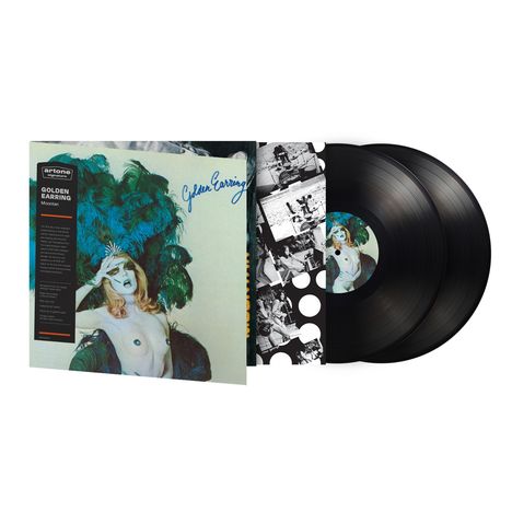 Texte: "Golden Earring", "Moontan". Abbildung eines Albums mit blau-grünem Pfauenmotiv, zwei Schallplatten sichtbar.