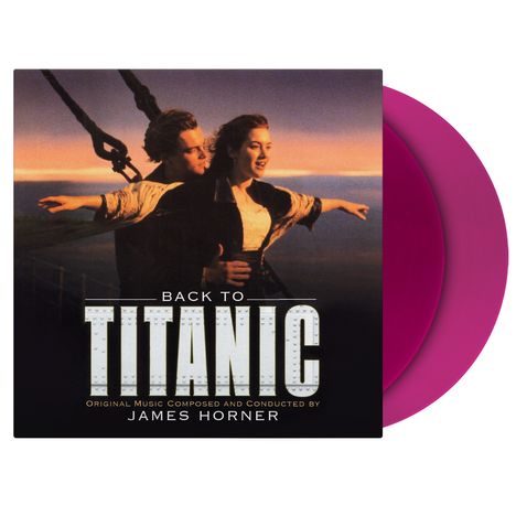 Der Text lautet: "Back to Titanic. Original Music Composed and Conducted by James Horner." Ein Paar steht am Schiffsbug.