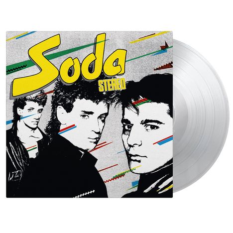 "Soda Stereo" steht groß in Gelb. Drei Männer in Schwarz-Weiß mit bunten Linien im Hintergrund. Vinyl-Schallplatte sichtbar.