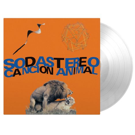 Text: "Soda Stereo Canción Animal". Löwenpaar auf orangem Hintergrund, geometrische Formen oben. Vinyl sichtbar.