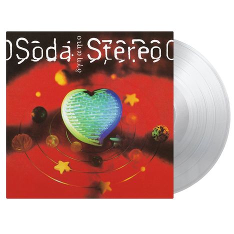"Soda Stereo Dynamo" in weißer Schrift auf rotem Hintergrund, ein leuchtendes Herz und umkreisende Kugeln. Vinyl daneben.