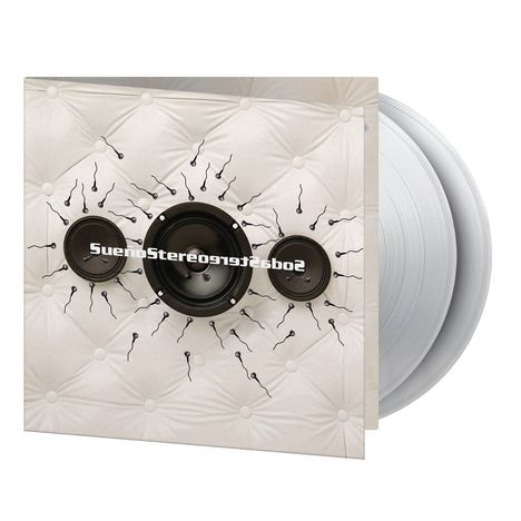 Auf weißem Hintergrund zieren Lautsprecher und spermienartige Symbole eine gereihte Oberfläche; Text: Sueno Stereo.