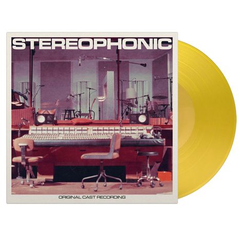 Text: "STEREOPHONIC" oben, "ORIGINAL CAST RECORDING" unten. Aufnahme-Studio mit Mischpult und gelber Vinyl-Schallplatte.